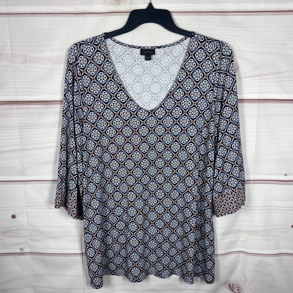 J. Jill Top Women XL Blue Wearever Collection V-Neck Medallion 3/4 Sleeve Tunic